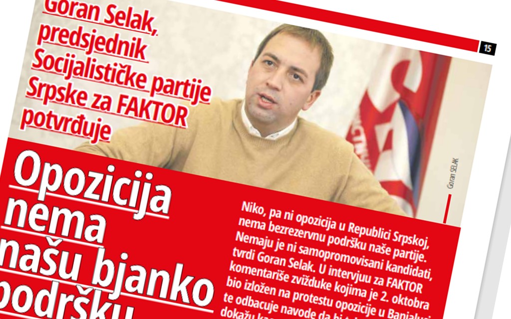 Goran Selak, predsjednik Socijalističke partije Srpske za Faktor potvrđuje: Opozicija nema našu bjanko podršku