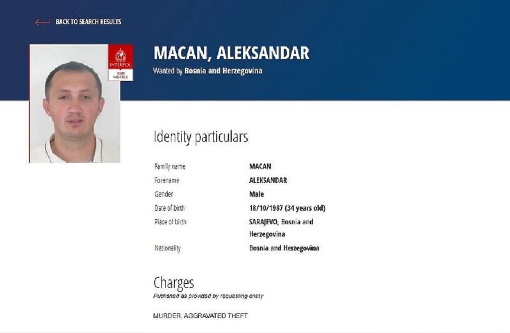 Interpol raspisao crvenu potjernicu za Aleksandrom Macanom, osumnjičenim za ubistvo sarajevskih policajaca