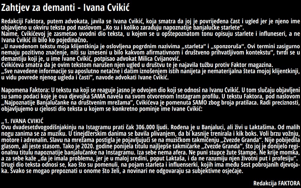 Ivana Cvikić – demant na tekst iz Faktormagazina