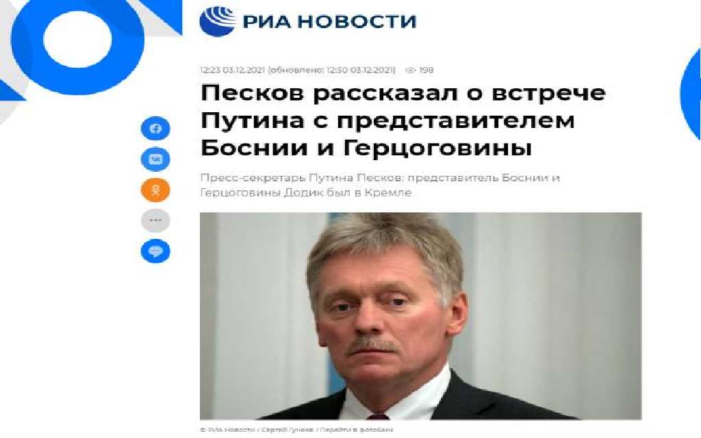 PESKOV za ruske medije o sastanku DODIKA i PUTINA  FOTO