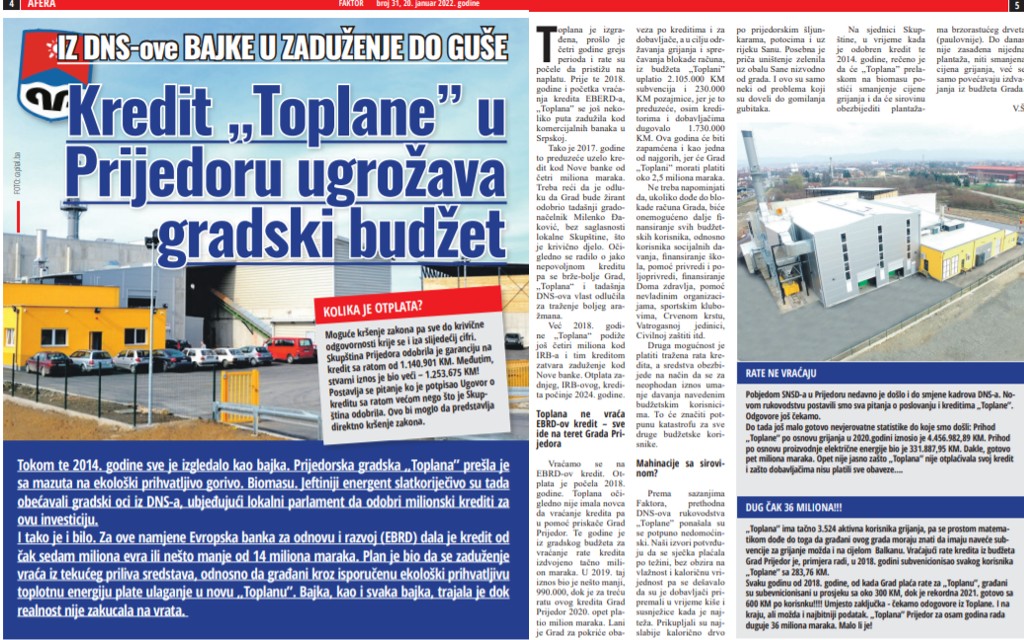 Kredit „Toplane” u Prijedoru ugrožava gradski budžet – DUG 36 miliona KM?!