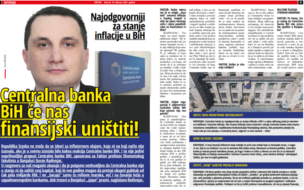 Radivojac za Faktormagazin: Centralna banka BiH će nas finansijski uništiti!