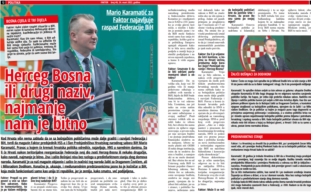 Mario Karamtić za Faktor magazin: Herceg-Bosna ili drugi naziv, najmanje nam je bitno!
