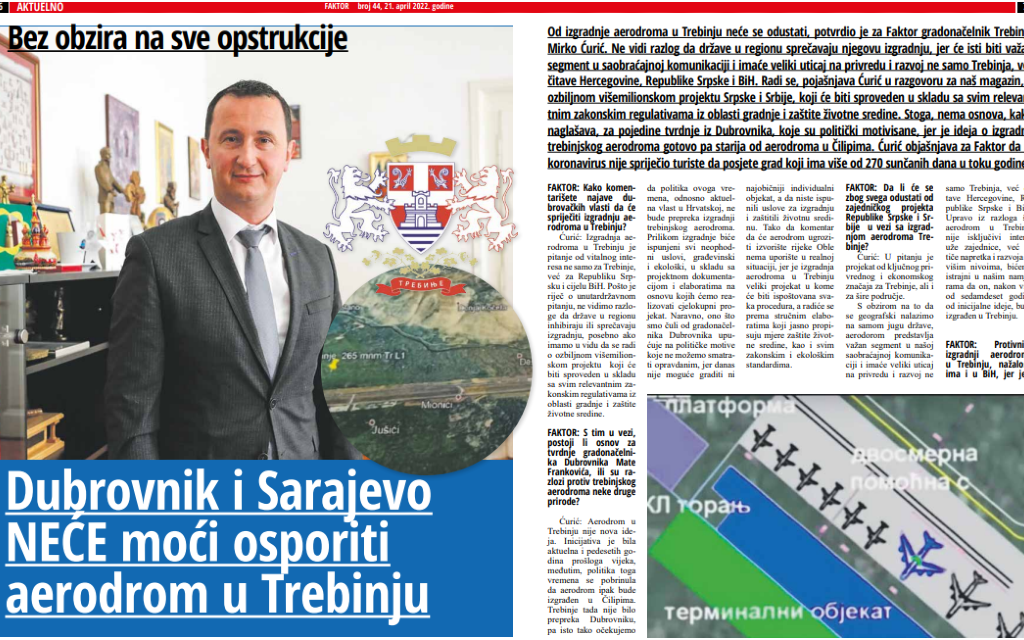 Mirko Ćurić: Dubrovnik i Sarajevo NEĆE moći osporiti aerodrom u Trebinju