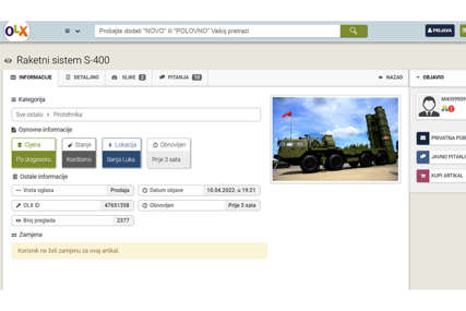Banjalučanin na internetu „prodaje“ ruski raketni sistem S-400