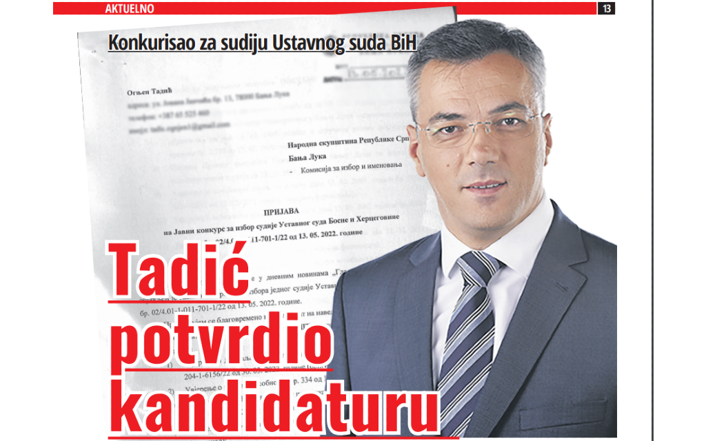 Ognjen Tadić je za Faktor potvrdio da je konkurisao za sudiju Ustavnog suda BiH!