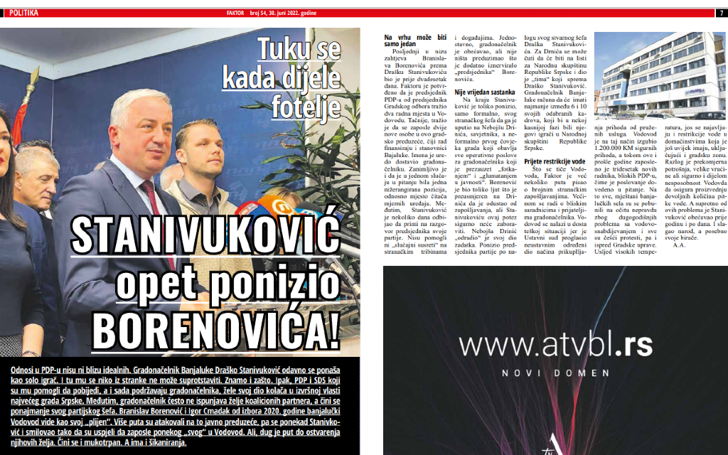 Dok banjalučani muku muče sa vodom Stanivuković ponižava Borenovića preko Vodovoda?!