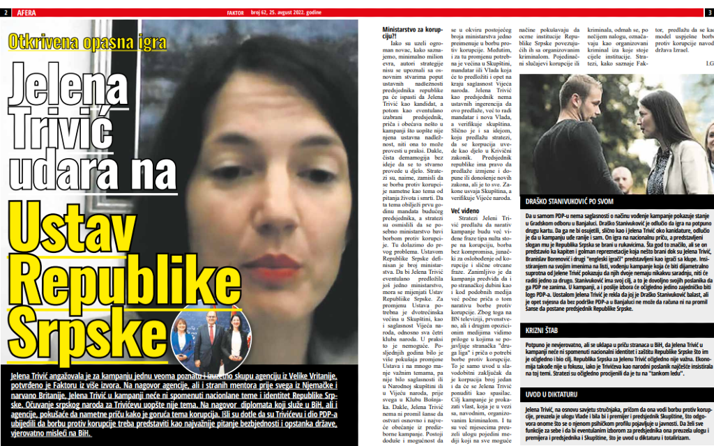 Šta su AGENCIJE savjetovale Jeleni Trivić – Nerealna obećanja i promjena Ustava Republike Srpske?!