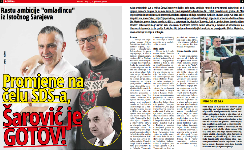 OFANZIVA SA ISTOKA – Kako Mirko Šarović SLABI tako rastu ambicije za predsjednika SDS-a!
