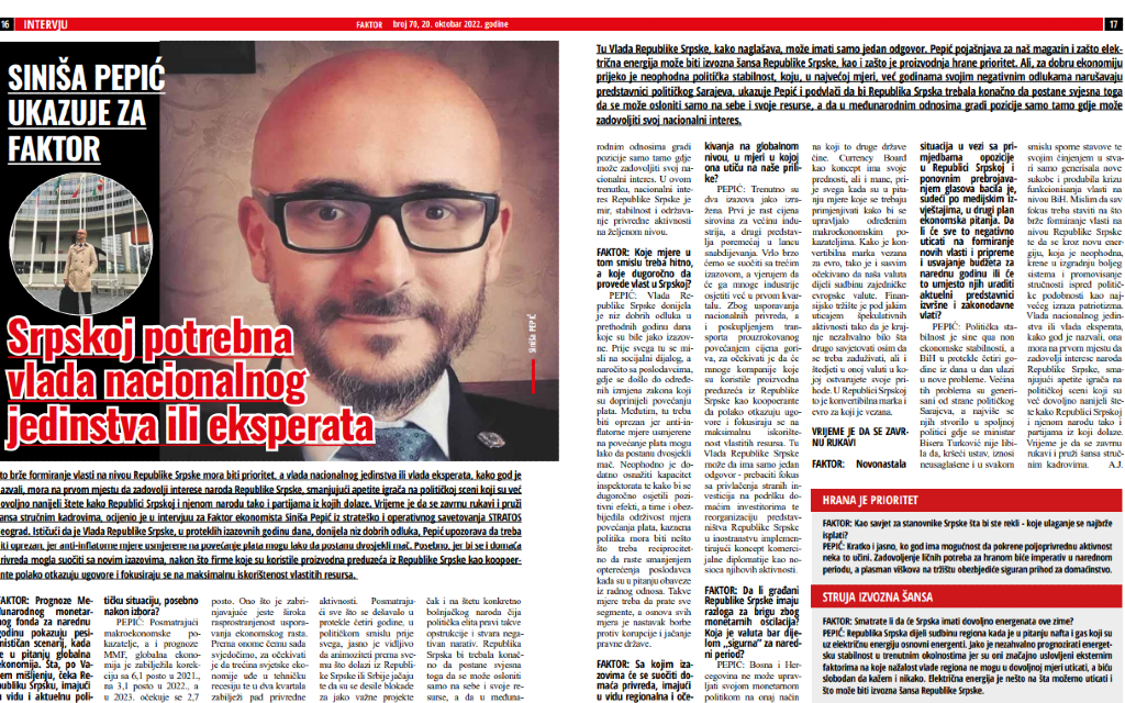 Siniša Pepić ukazuje za Faktor – Srpskoj potrebna vlada nacionalnog jedinstva ili eksperata