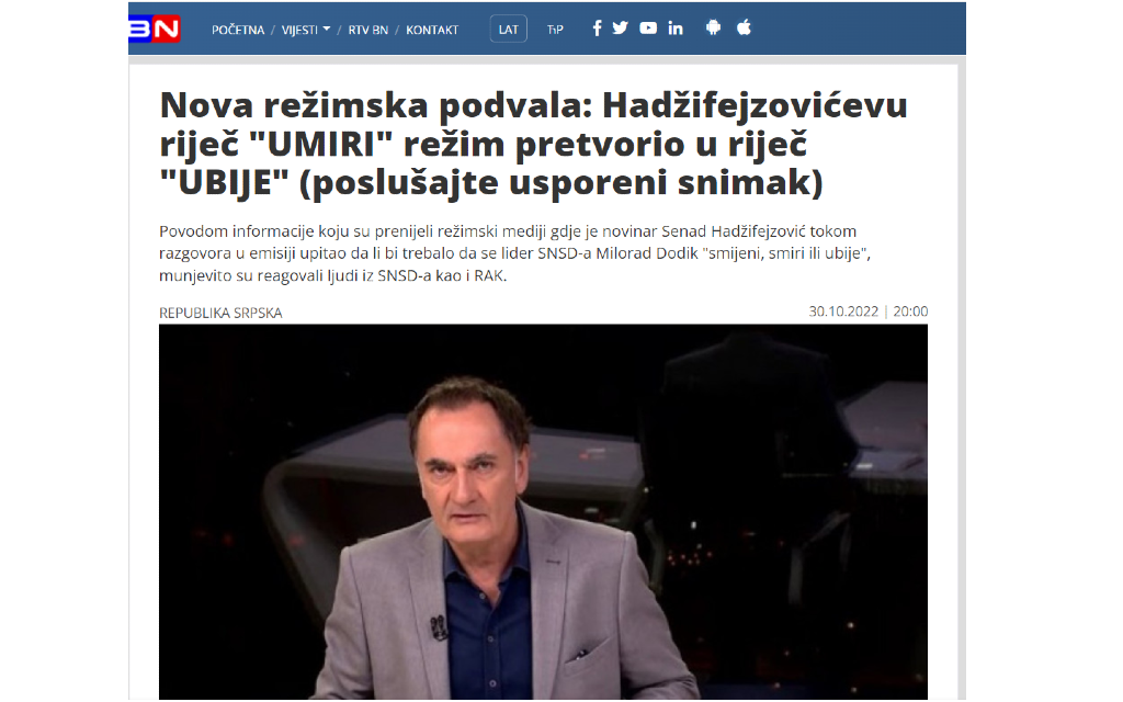 TV Analiza: BN televizija u ODBRANI Senada Hadžifejzovića – Ne smije se dozvoliti da se Dodik napravi žrtvom?