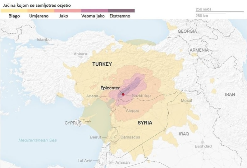 MAPA ZEMLJOTRESA – Pogledajte tačno područje Turske i Sirije koje je najšešće pogođeno