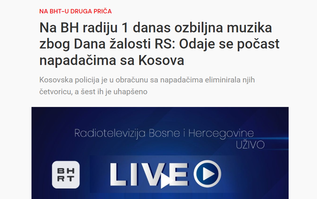 Histerija u FBiH – Mediji jutros bruje kako BH Radio 1 pušta ozbiljnu muziku zbog Dana žalosti u Republici Srpskoj! ZAR MI DA ŽALIMO UBIJENE SRBE NA KOSOVU??