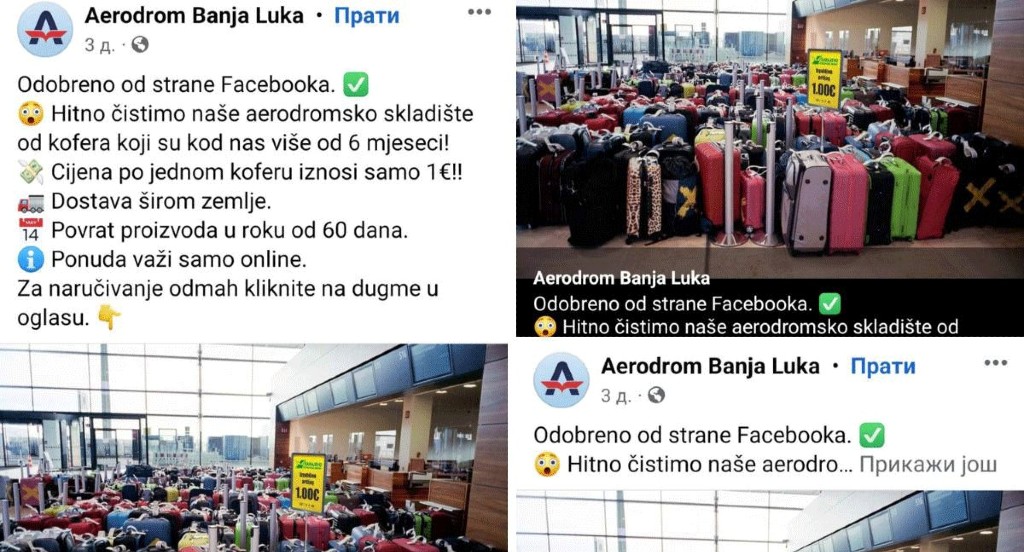 Prevara na Facebooku: Banjalučki aerodrom ne prodaje kofere za evro
