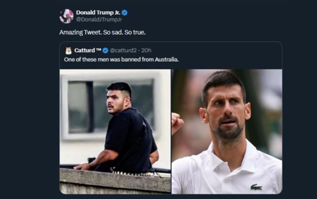 Trampov sin reagovao na tvit o Đokoviću: „Tužno, ali istinito“